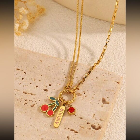 Gold Cherry Pendant Necklace N930 - Picture 1 of 6